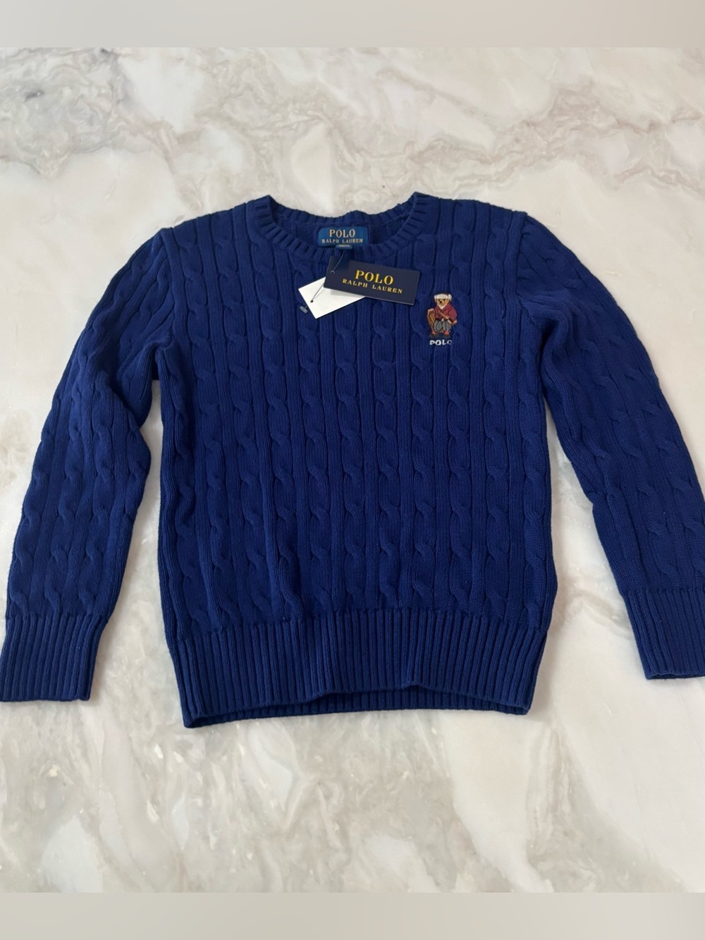 Polo Ralph Lauren Kids Polo Bear Cable Knit Cotton Sweater Boys Small 8 New Blue